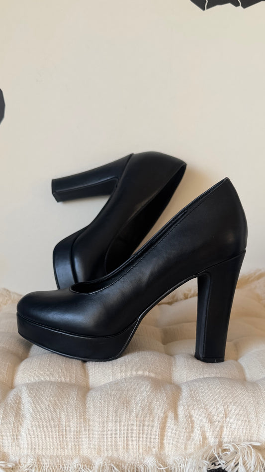 GRACELAND -Leather Platform Heels -Black Block Heels Shoes