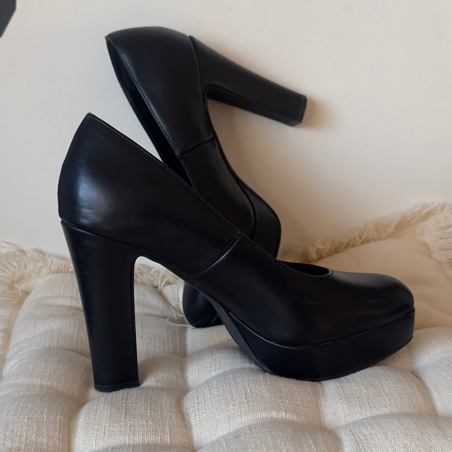 GRACELAND -Leather Platform Heels -Black Block Heels Shoes